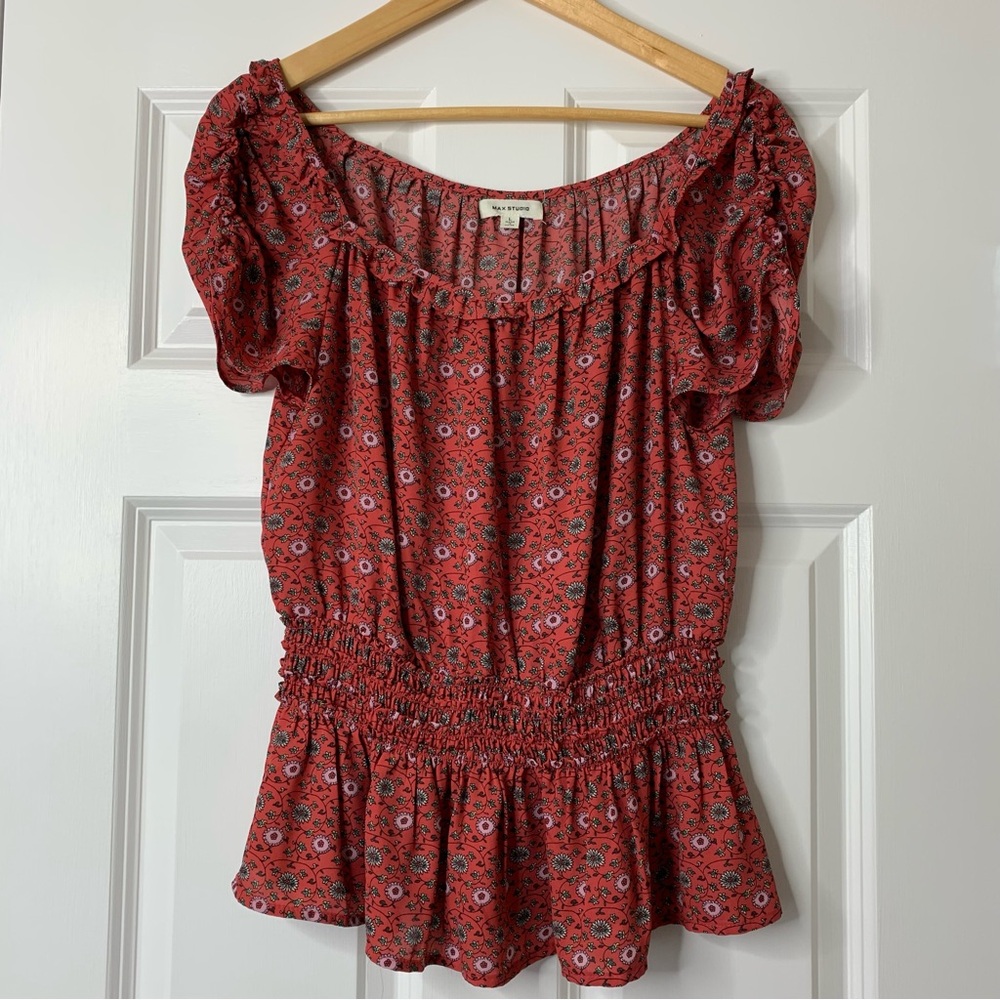 Max Studio Red Floral Smocked Waist Short Sleeve  Blouse Size L